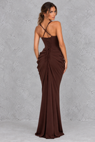 Women’s chiffon corset sweetheart maxi dress with pleated underwired cups, cross-back straps, sculpted hip draping and slim column skirt.