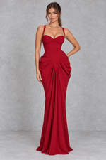 Women’s chiffon corset sweetheart maxi dress with pleated underwired cups, cross-back straps, sculpted hip draping and slim column skirt.