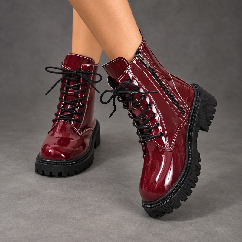 Women's Patent Lace-Up Ankle Boots – Side Zip Block Heel Winter Shoes – Burgundy – on-foot view