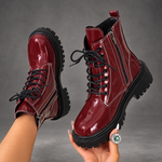 Women's Patent Lace-Up Ankle Boots – Side Zip Block Heel Winter Shoes – Burgundy – side zip and sole view