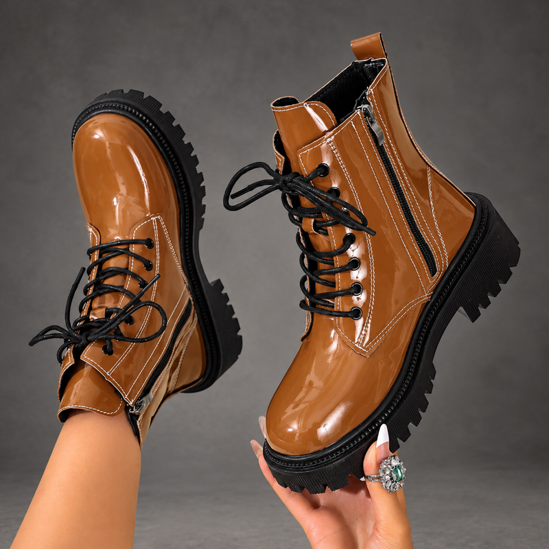 Women's Patent Lace-Up Ankle Boots – Side Zip Block Heel Winter Shoes – Tan – side zip and sole view