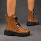 Women's Patent Lace-Up Ankle Boots – Side Zip Block Heel Winter Shoes – Tan – on-foot view