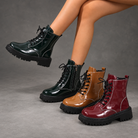 Women's Patent Lace-Up Ankle Boots – Side Zip Block Heel Winter Shoes – Burgundy, Dark Green & Tan – all colours view