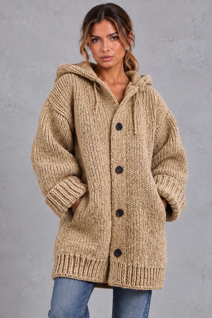 Women's chunky knit hooded cardigan in Khaki – front view
