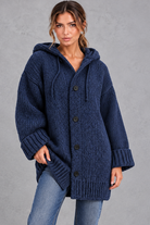 Women's chunky knit hooded cardigan in Navy Blue – front view