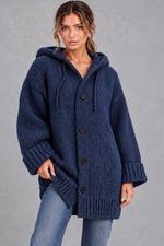 Women's chunky knit hooded cardigan in Navy Blue – front view