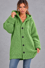 Women's chunky knit hooded cardigan in Green – front view