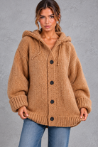 Women's chunky knit hooded cardigan in Camel – front view