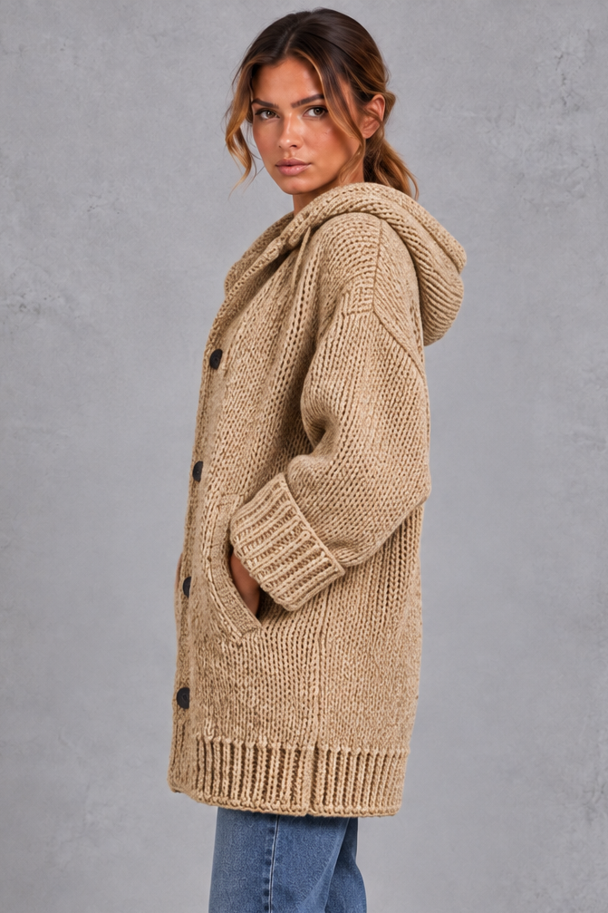 Women's chunky knit hooded cardigan in Khaki – side view