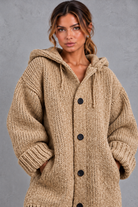 Women's chunky knit hooded cardigan in Khaki – close-up