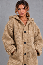 Women's chunky knit hooded cardigan in Khaki – close-up