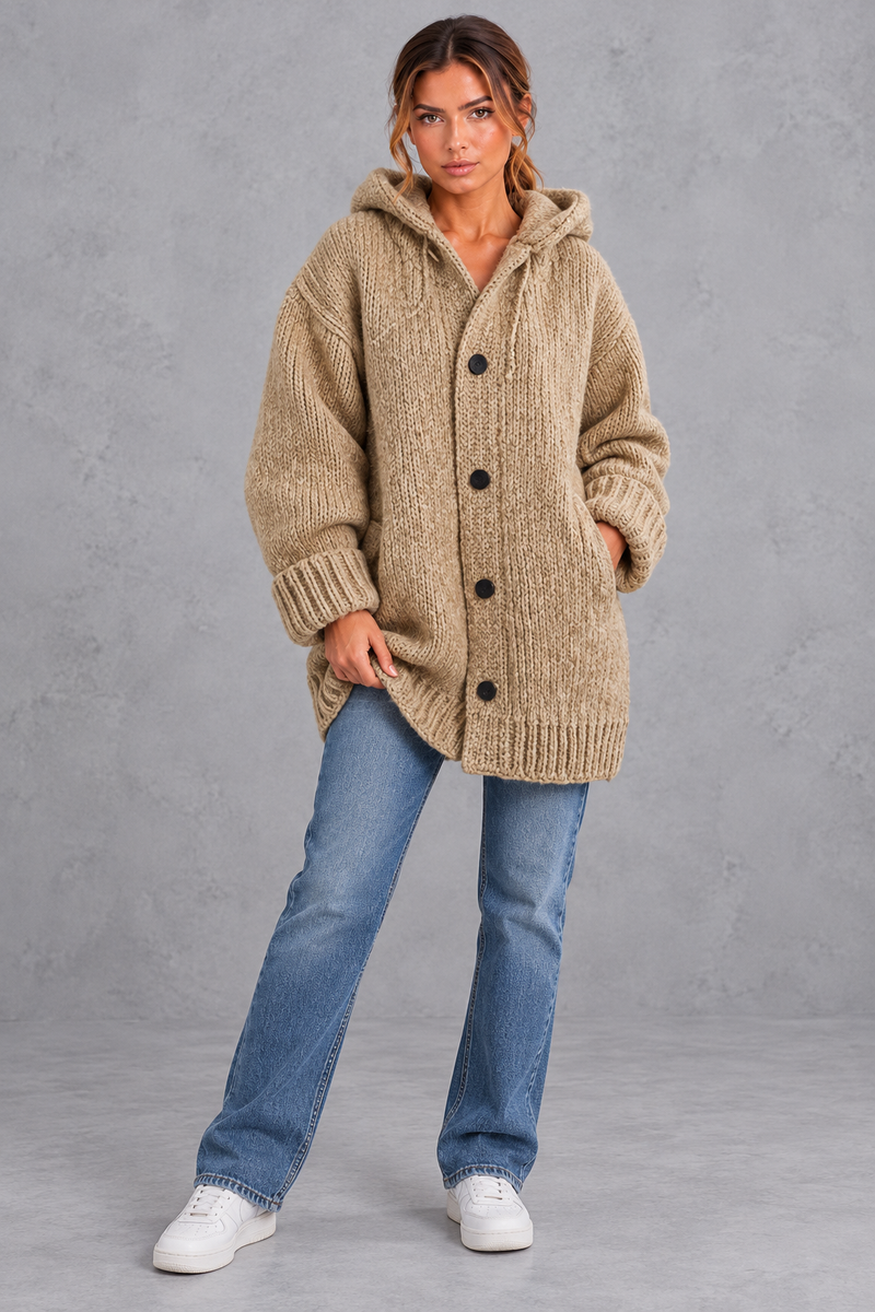 Women's chunky knit hooded cardigan in Khaki – full-length view