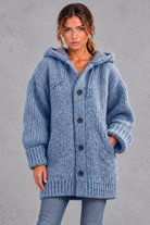 Women's chunky knit hooded cardigan in Blue – front view