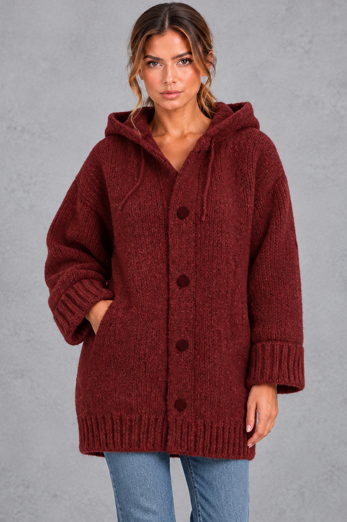 Women's chunky knit hooded cardigan in Wine Red – front view