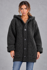 Women's chunky knit hooded cardigan in Black – front view