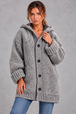 Women's chunky knit hooded cardigan in Grey – front view