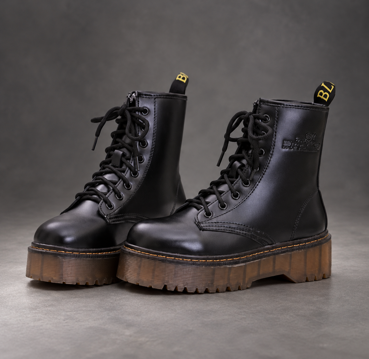 Women’s Platform Combat Boots – Lace-Up Side Zip Chunky Sole Ankle Shoes – Black – front pair view