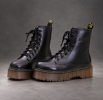 Women’s Platform Combat Boots – Lace-Up Side Zip Chunky Sole Ankle Shoes – Black – front pair view