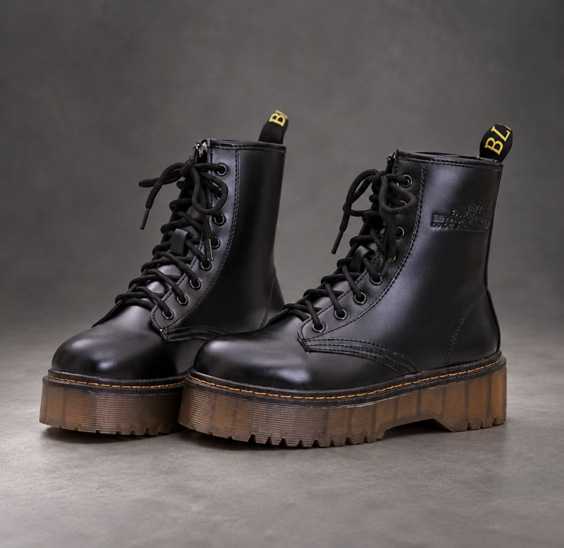Women’s Platform Combat Boots – Lace-Up Side Zip Chunky Sole Ankle Shoes – Black – front pair view