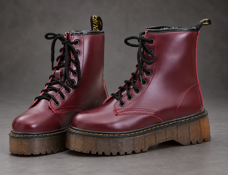 Women’s Platform Combat Boots – Lace-Up Side Zip Chunky Sole Ankle Shoes – Red – front pair view