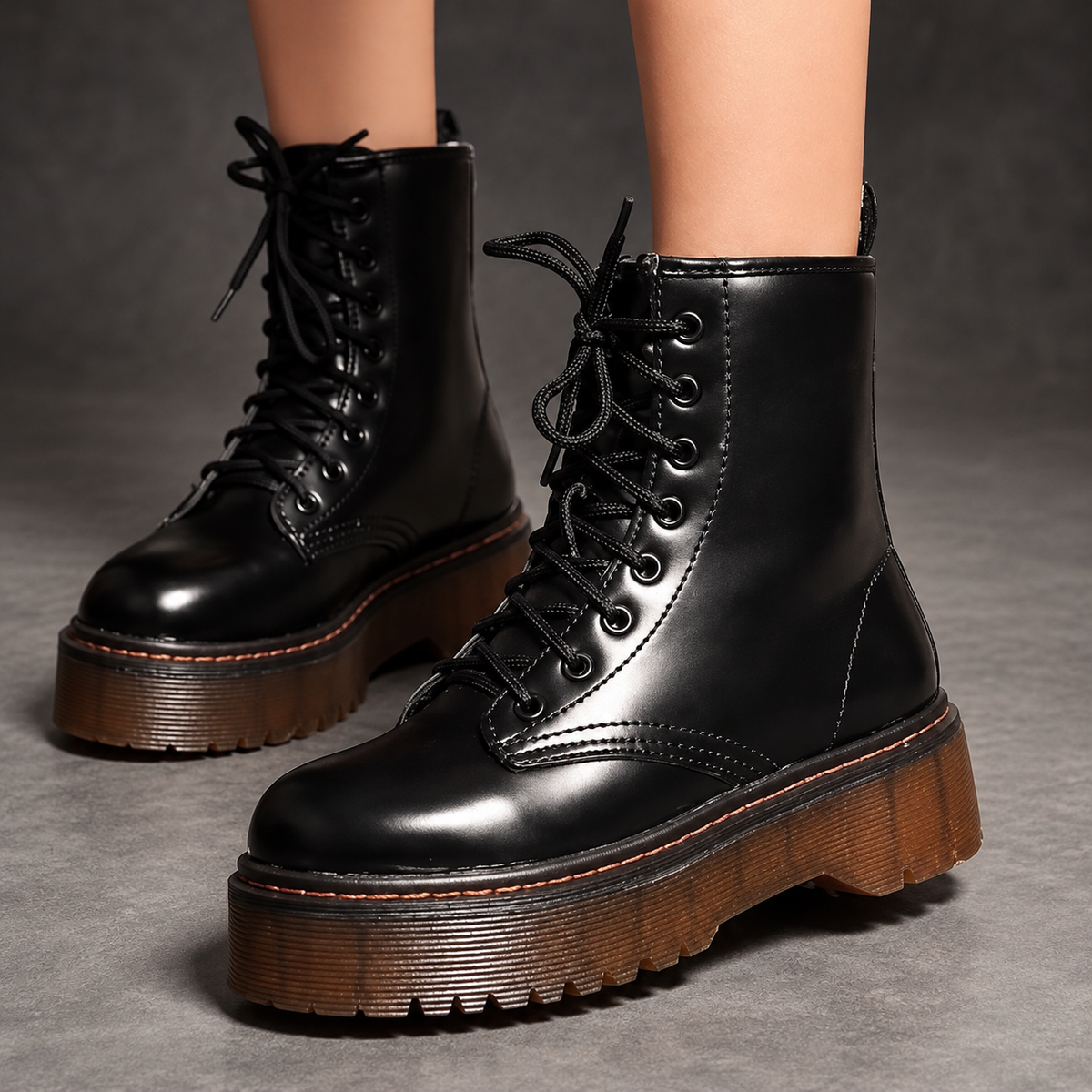Women’s Platform Combat Boots – Lace-Up Side Zip Chunky Sole Ankle Shoes – Black – on-foot view