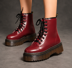 Women’s Platform Combat Boots – Lace-Up Side Zip Chunky Sole Ankle Shoes – Red – on-foot view