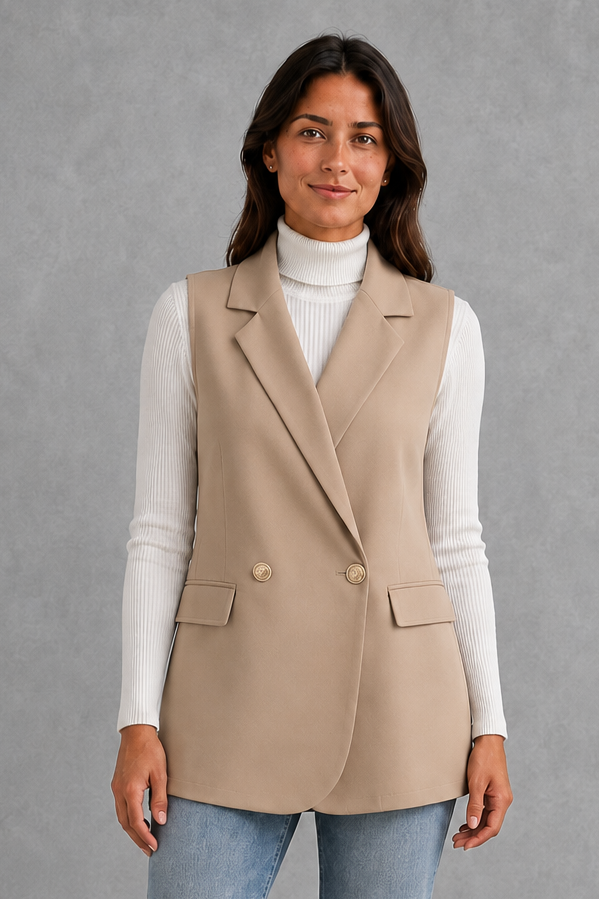 Women’s coffee brown sleeveless longline blazer with notch lapels, double-breasted button fastening, defined waist and flap pockets.