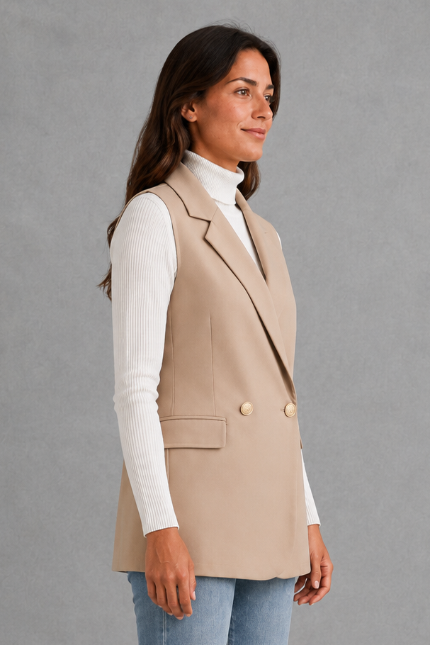Women’s coffee brown sleeveless longline blazer with notch lapels, double-breasted button fastening, defined waist and flap pockets.