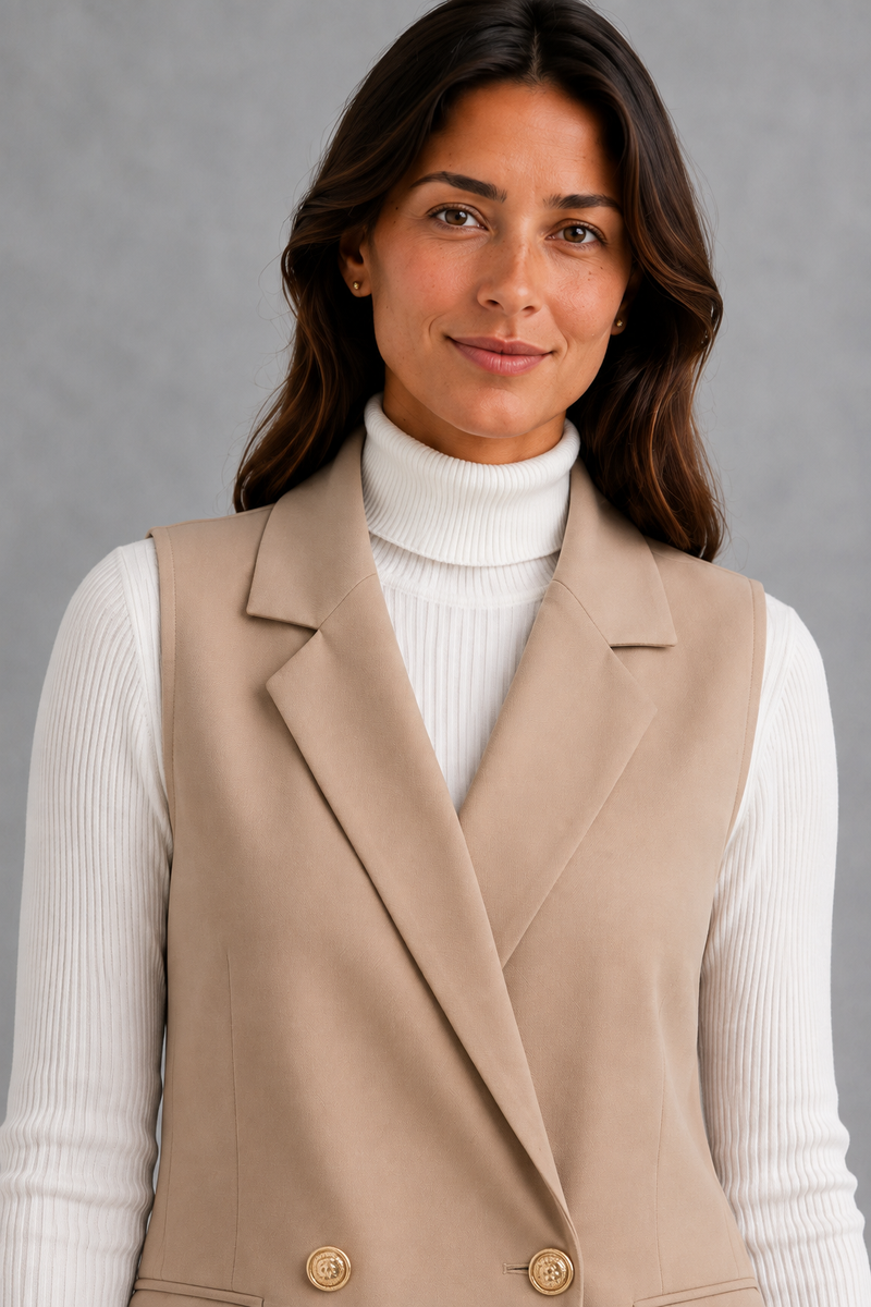 Women’s coffee brown sleeveless longline blazer with notch lapels, double-breasted button fastening, defined waist and flap pockets.