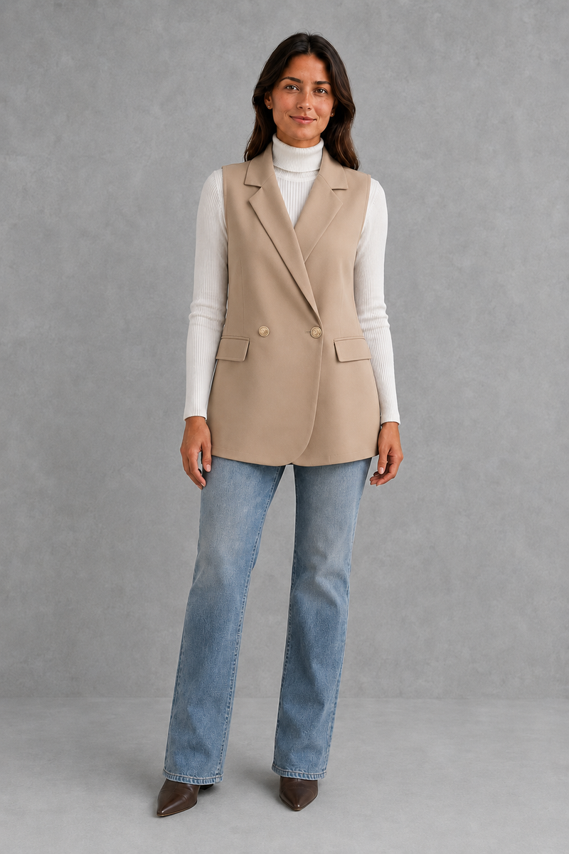 Women’s coffee brown sleeveless longline blazer with notch lapels, double-breasted button fastening, defined waist and flap pockets.