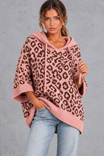 Women's pink leopard print knit hooded jumper with drawstring – front view