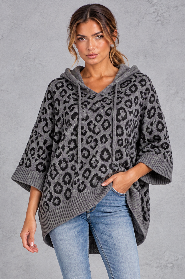 Women's dark grey leopard print knit hooded jumper with drawstring – front view
