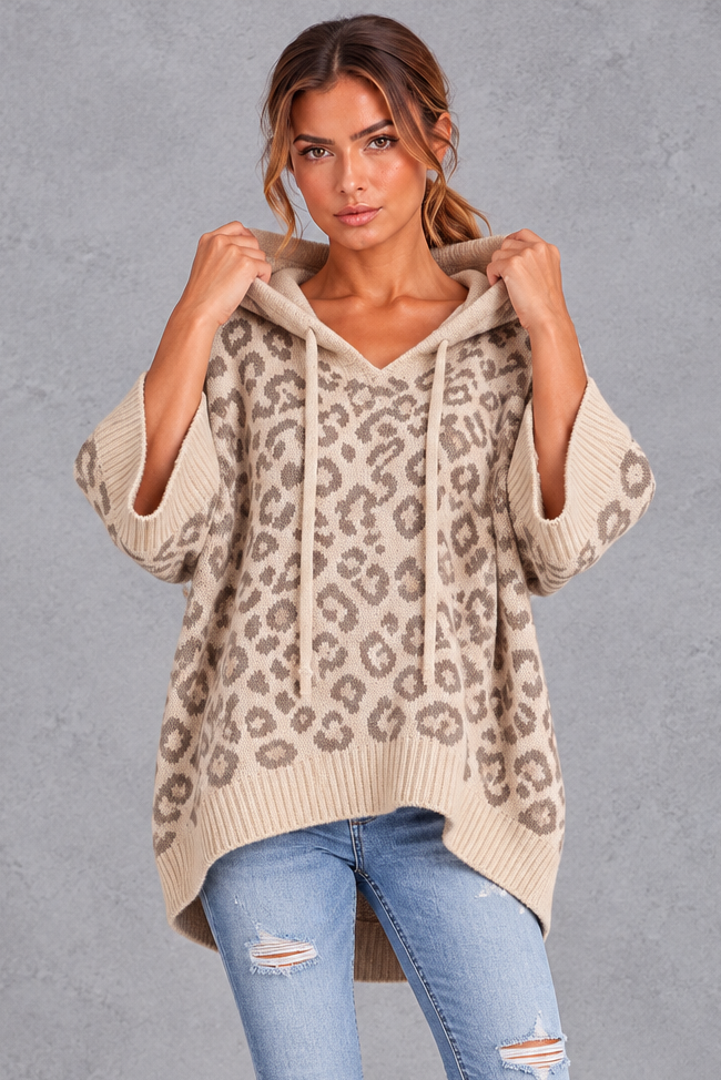 Women's apricot leopard print knit hooded jumper with drawstring – front view