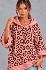 Women's pink leopard print knit hooded jumper – close-up of leopard print and drawstring hood