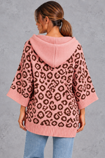 Women's pink leopard print knit hooded jumper – back view showing hood