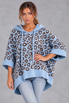 Women's blue leopard print knit hooded jumper with drawstring – front view