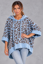 Women's blue leopard print knit hooded jumper with drawstring – front view