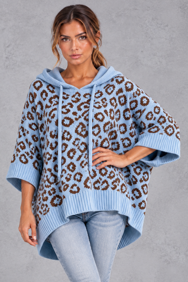 Women's blue leopard print knit hooded jumper with drawstring – front view