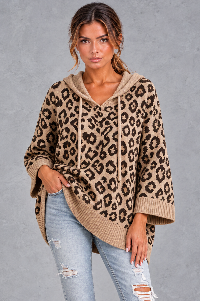 Women's khaki leopard print knit hooded jumper with drawstring – front view
