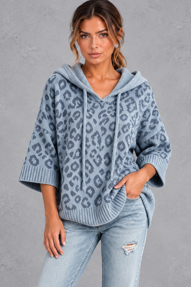 Women's greyish blue leopard print knit hooded jumper with drawstring – front view
