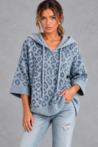 Women's greyish blue leopard print knit hooded jumper with drawstring – front view