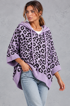 Women's purple leopard print knit hooded jumper with drawstring – front view