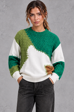 Women's patchwork cable knit jumper in Green – front view