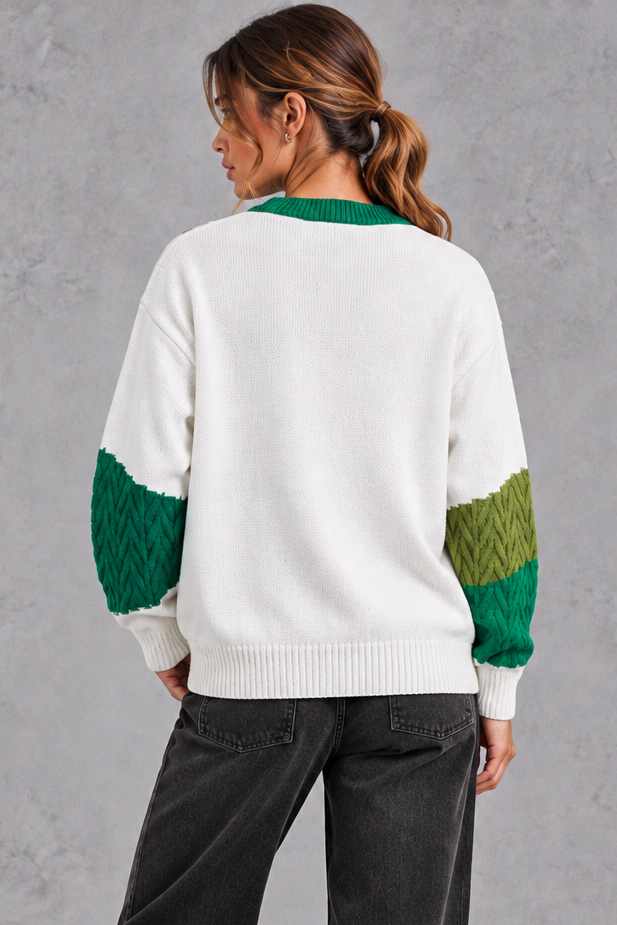 Women's patchwork cable knit jumper in Green – back view