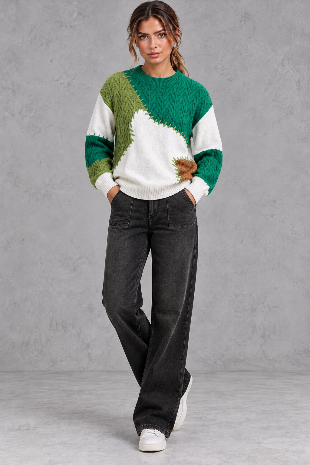 Women's patchwork cable knit jumper in Green – full-length view