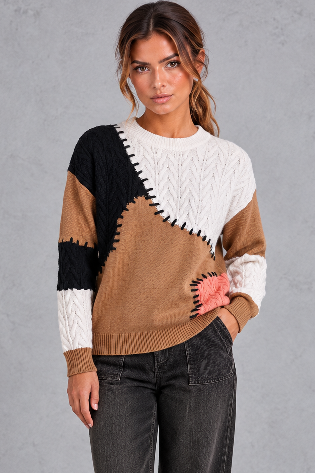 Women's patchwork cable knit jumper in Camel – front view