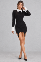 Women’s colourful patchwork mini dress with ribbon-inspired detailing, a turn-down collar, long sleeves and an asymmetric bodycon silhouette.