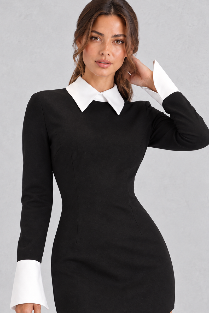 Women’s colourful patchwork mini dress with ribbon-inspired detailing, a turn-down collar, long sleeves and an asymmetric bodycon silhouette.