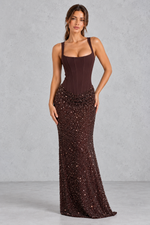 Women’s  corset maxi dress with a structured crepe bodice, square neckline, adjustable straps and embellished tulle cowl skirt.