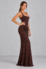 Women’s  corset maxi dress with a structured crepe bodice, square neckline, adjustable straps and embellished tulle cowl skirt.